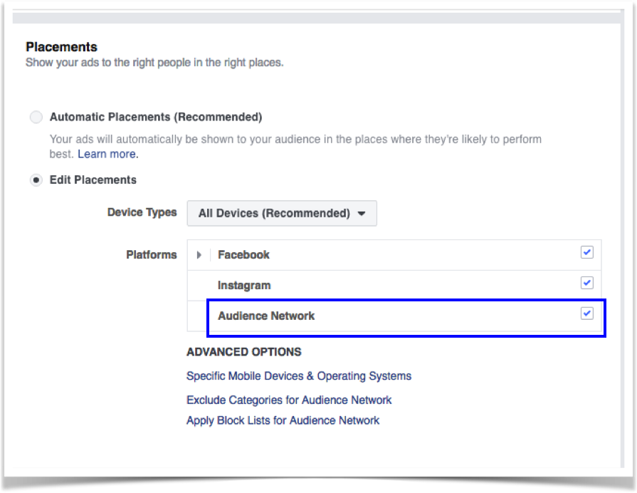 Audience Network Under Placement In Ads Manager